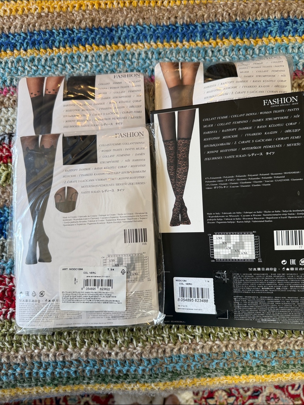 4 pairs unworn Black Sheer Patterned nylons.  Calzedonia made in Italy.